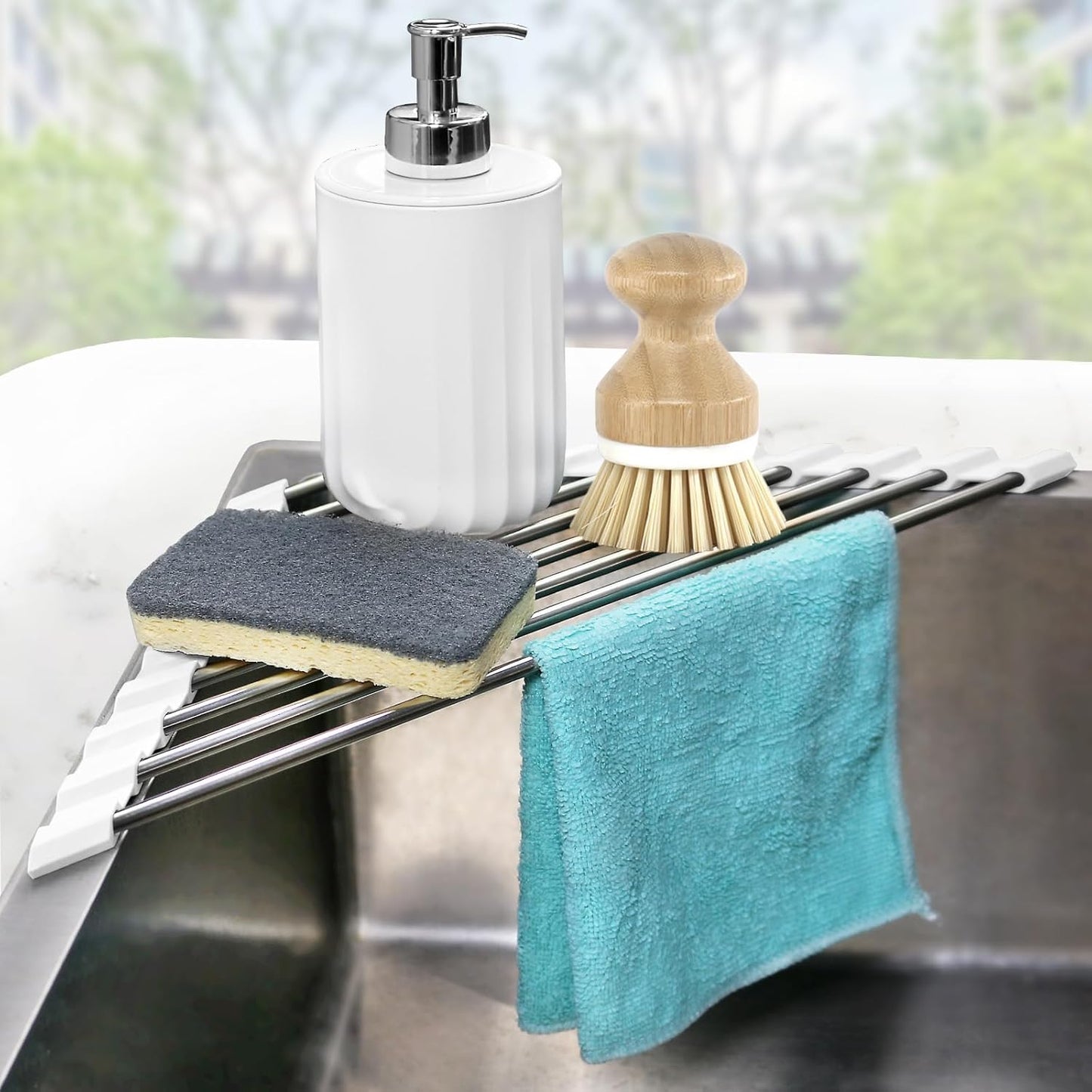 Sink Caddy Sponge Holder for Kitchen Sink, Small Dish Drainer for Kitchen Counter, Triangle Sink Brush Drainer Rack, Collapsible Dishes Drying Rack over Sinks, Dishrack Utensil Holder Dryer White