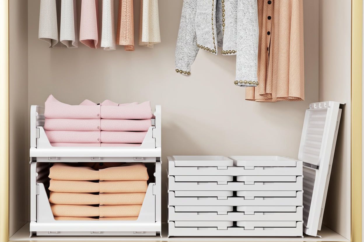 5 Pack Closet Organizers Storage Box, Closet Storage Stackable Storage Bins, Plastic Drawer Basket for Wardrobe Cupboard Kitchen Bathroom Office, White