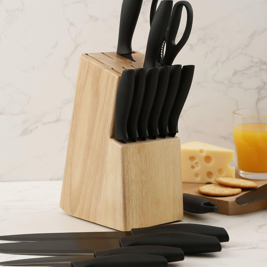 Kitchen Knife Holder Elegant & Sturdy (15 Slots). Universal Knife Block with Slots for Knives, Scissor and Sharpenner. Knife Block without Knives. Kitchen Knife Holders for Counter Top. (Pine)