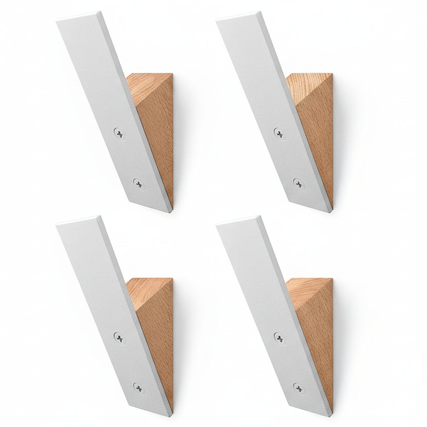 Beech Wood Coat Hooks, High End Beech Wood & White Metal Wall Mounted Clothing Hooks, Mid-Century Modern Coat Hooks, Heavy Duty Wooden Hooks for Hanging Coats, Hats, Towels & More, Set of 4