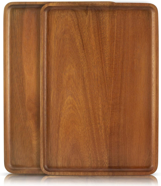 2Pcs 15"X10" Solid Acacia Wood Serving Trays Rectangular Wooden Serving Platters Natural Wooden Boards for Bar Coffee Party（Brown）