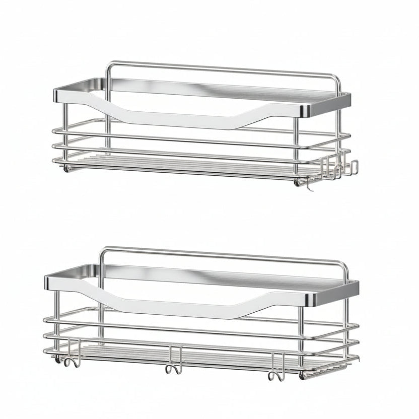 Shower Caddy Basket Shelf Storage Rack Pack of 2, No Drilling Wall Mounted Adhesive Rust Proof Stainless Steel Shower Organizer with 5 Hooks for Bathroom, Toilet, Kitchen