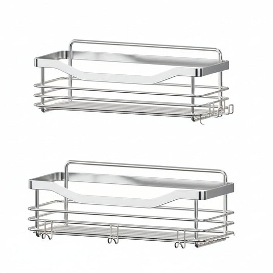 Shower Caddy Basket Shelf Storage Rack Pack of 2, No Drilling Wall Mounted Adhesive Rust Proof Stainless Steel Shower Organizer with 5 Hooks for Bathroom, Toilet, Kitchen