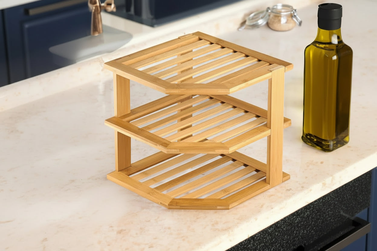 Bamboo 3-Tier Corner Shelf Organizer for Countertop & Kitchen Cabinet, Space Organizer for Kitchen and Bathroom