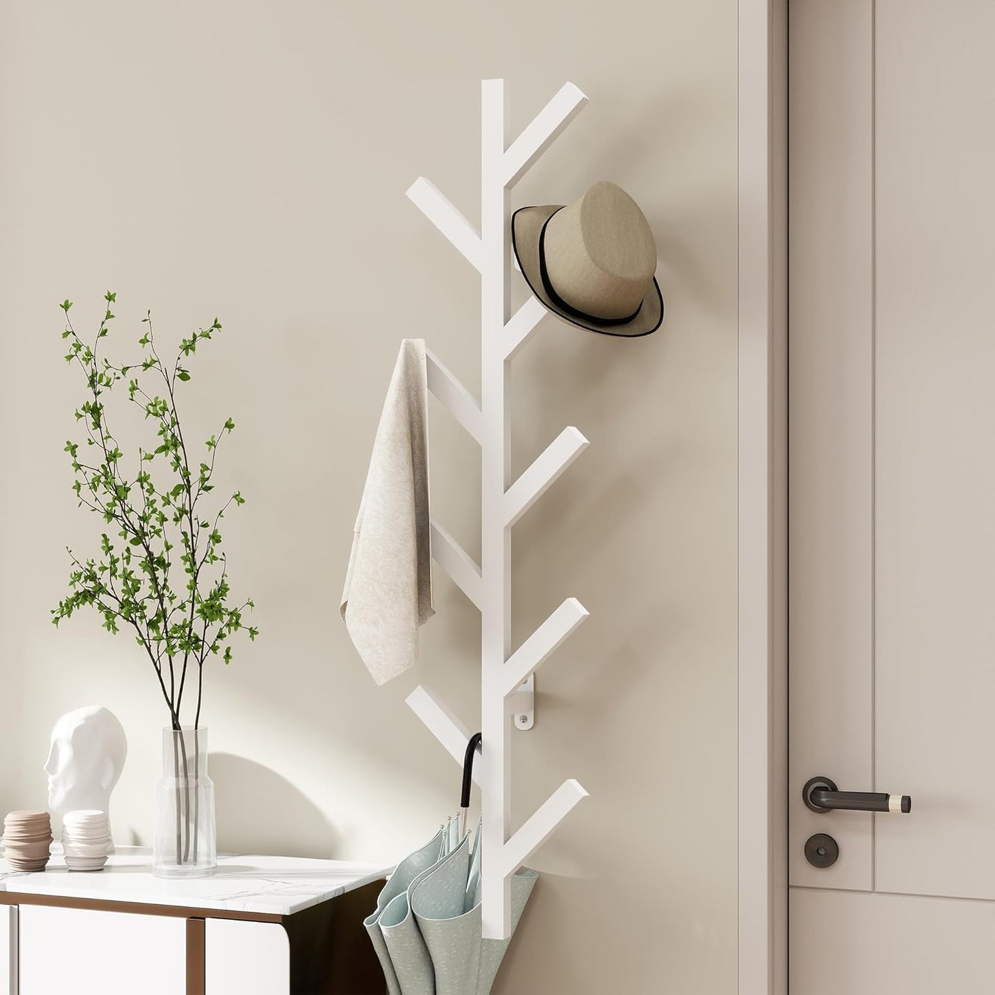 Wall Mounted Metal Coat Rack with 9 Hooks Modern Minimalist Coat Racks, Upright Hat Rack for Wall for Hanging Clothes, Hats, Hanging Bags and Scarves Entrance Wall Iron Coat Rack (White)
