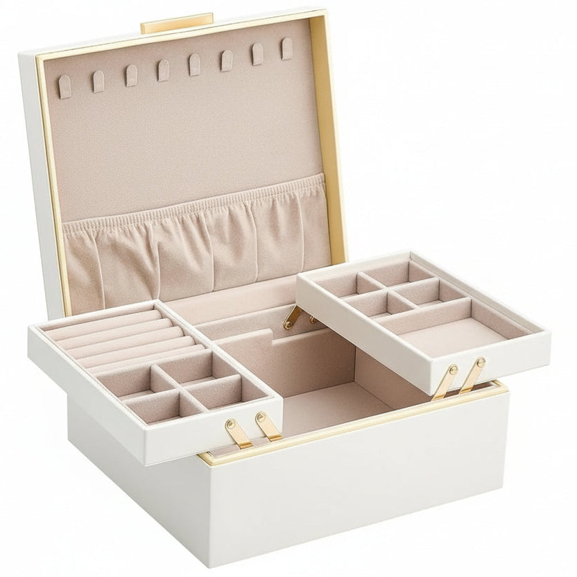 Jewelry Box Organizer for Women Girls, 2 Layer Jewelry Organizers and Storage for Necklace Earrings Rings Bracelets, Large Jewellery Holder Case Birthday Christmas Gifts -Cream