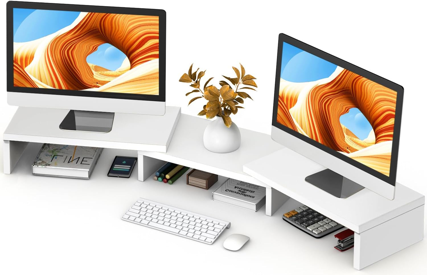 Dual Monitor Stand Riser, Computer Monitor Stands for 2 Monitors, Extra Long Multifunctional Desktop Organizer Riser for Computer, Laptop, PC, Printer, TV, Max 43.3" Length, White