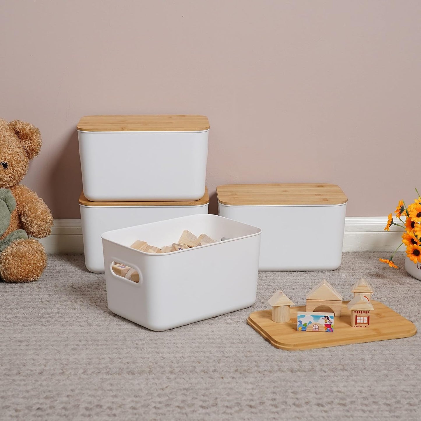 4 PCS Storage Bins with Bamboo Lids Plastic Storage Containers for Organizing Stackable Storage Box with Handle, 10.23 X 7.08 X 6.3 Inch