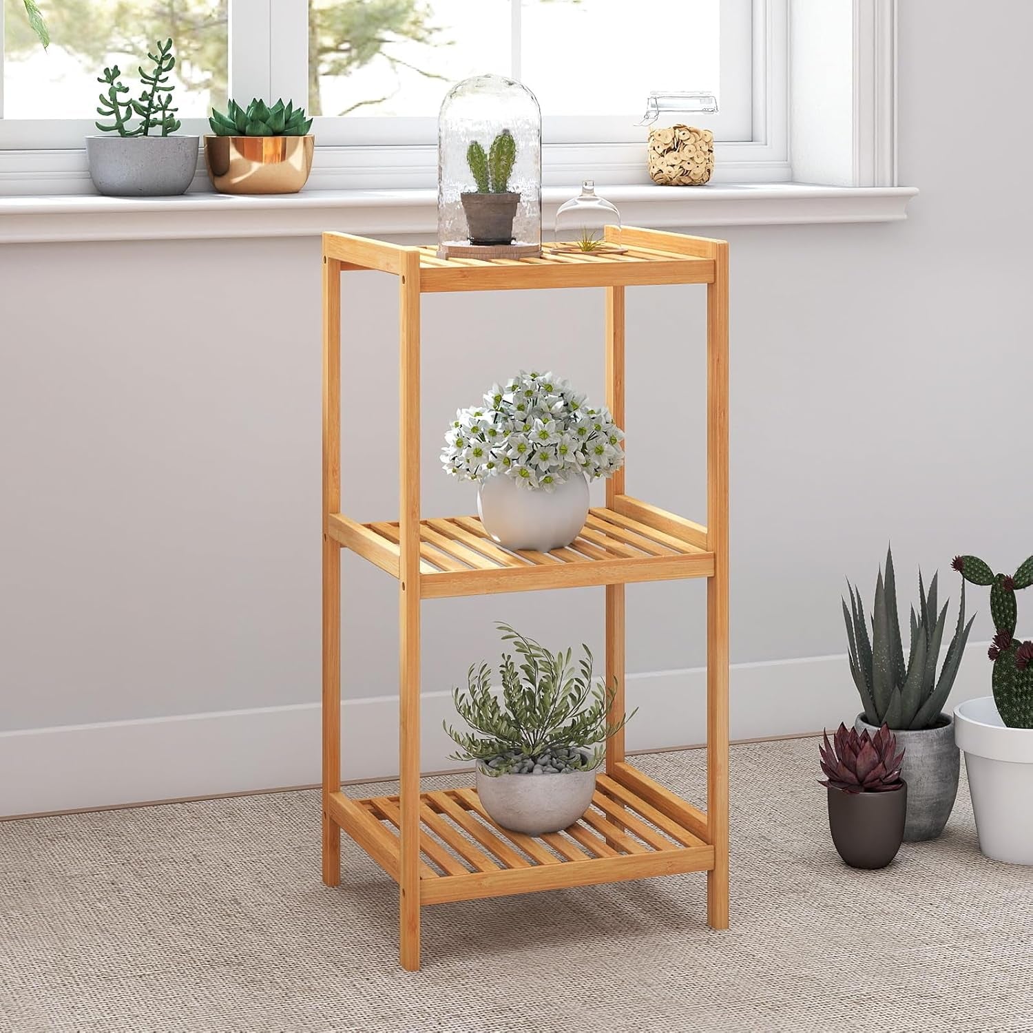 3-Tier Bamboo Shelf Freestanding - Space-Saving Bathroom Standing Shelf & Plant Stand, 3 Shelf Bookcase for Kitchen, Living Room, Office (Natural Bamboo, Easy Assembly)