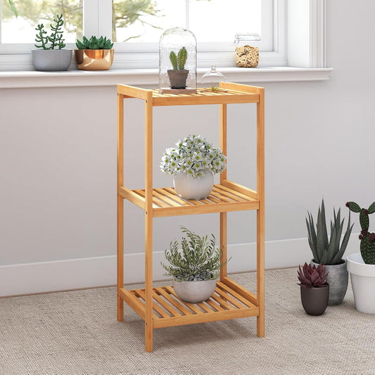 3-Tier Bamboo Shelf Freestanding - Space-Saving Bathroom Standing Shelf & Plant Stand, 3 Shelf Bookcase for Kitchen, Living Room, Office (Natural Bamboo, Easy Assembly)