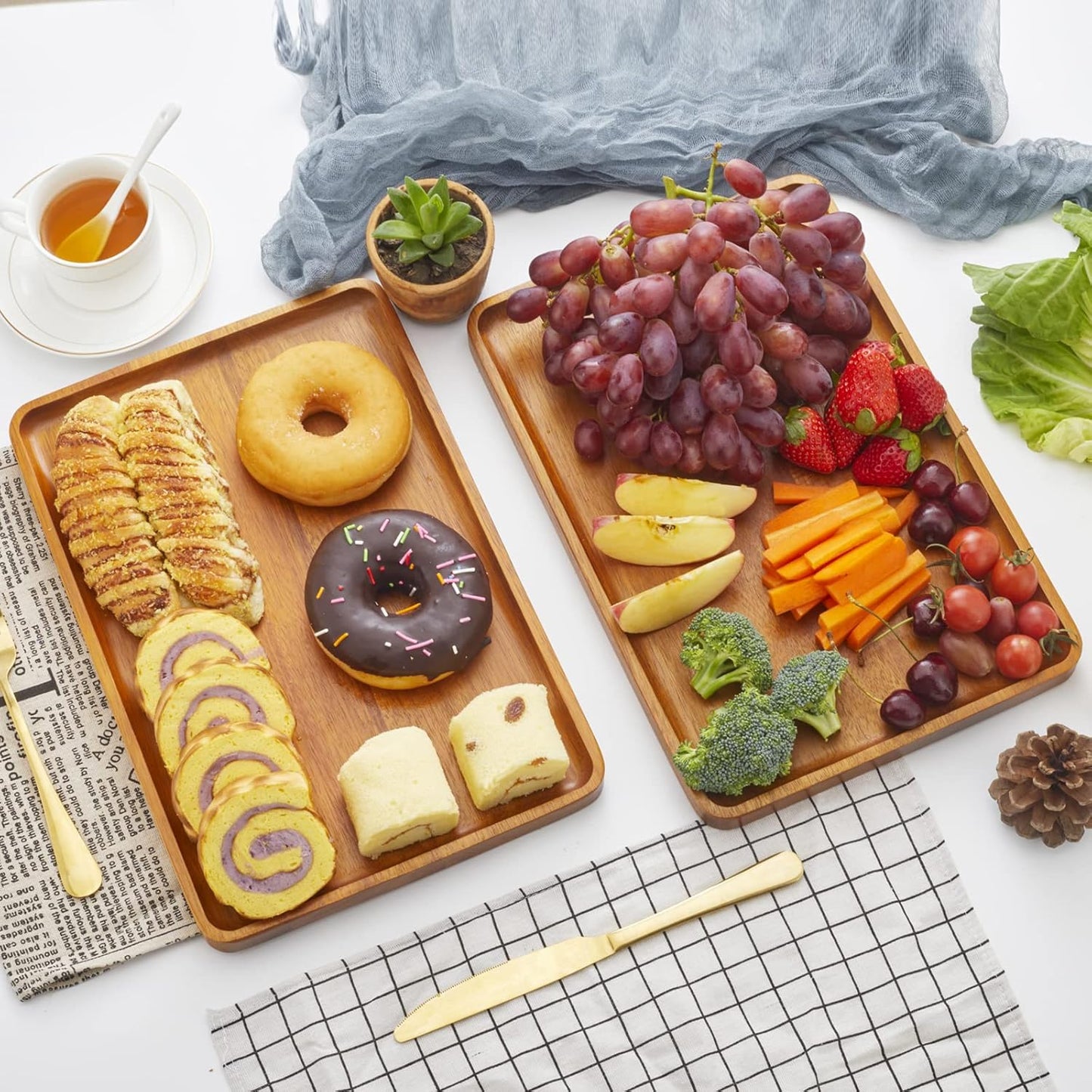 2Pcs 15"X10" Solid Acacia Wood Serving Trays Rectangular Wooden Serving Platters Natural Wooden Boards for Bar Coffee Party（Brown）