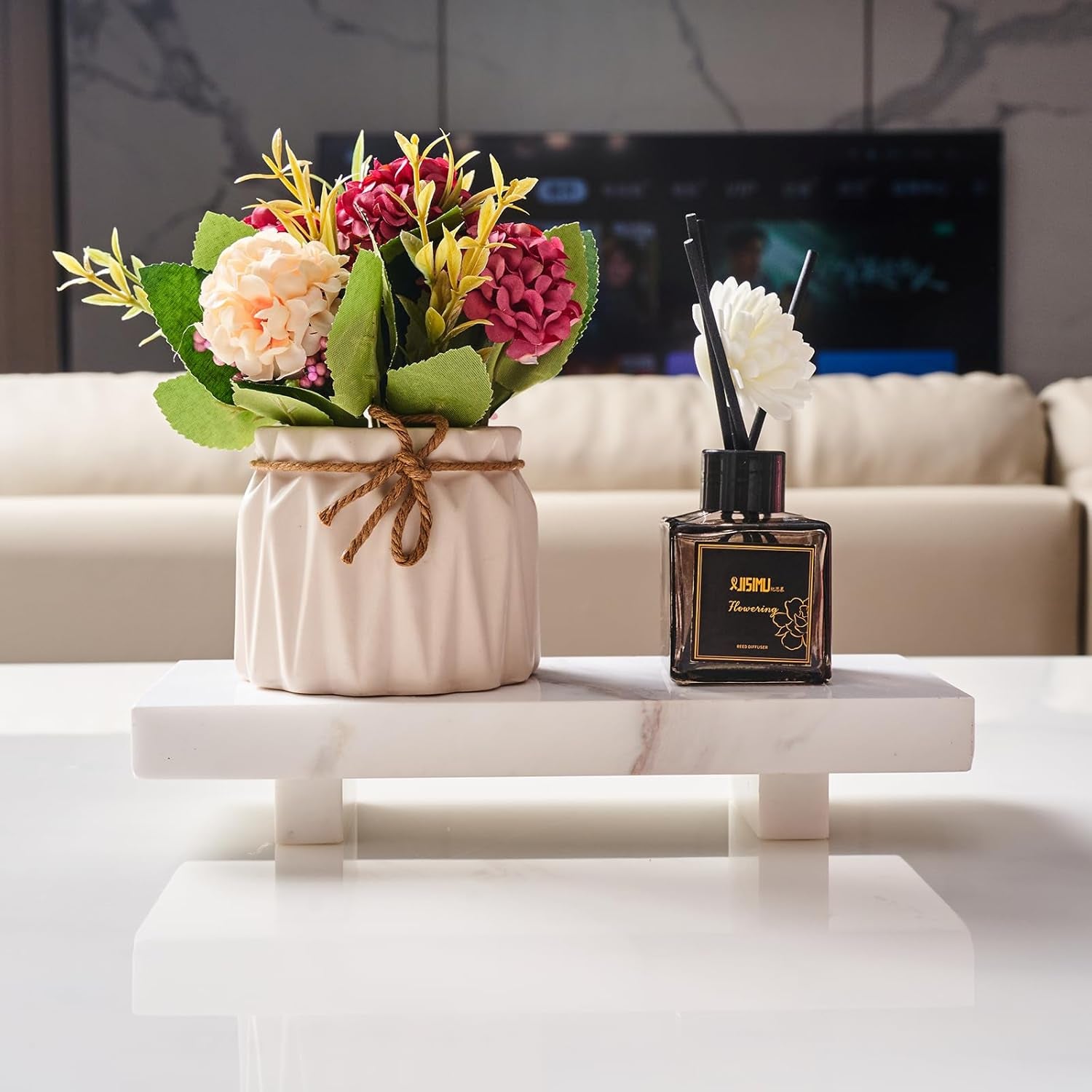 Natural Marble Tray Pedestal Stand - Modern Marble Soap Pedestal for Bathroom, Kitchen, Home Decor (Glorious White)