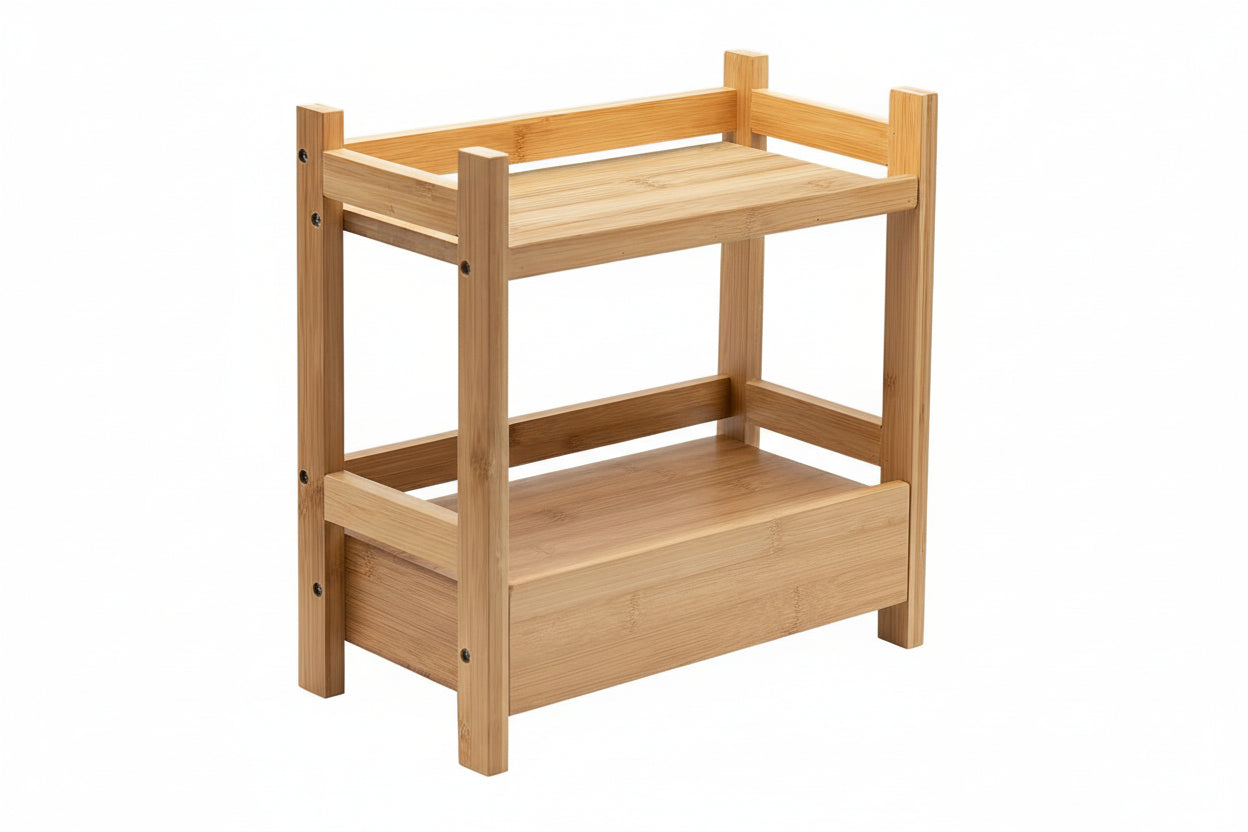 Bamboo Bathroom Counter Organizer – 2-Tier Shelf with Hidden Drawer for Vanity, Matcha Station, Bathroom Sink Organizer Countertop, Kitchen & Office Storage (13″ L X 6.5″ W X 12.6″ H)