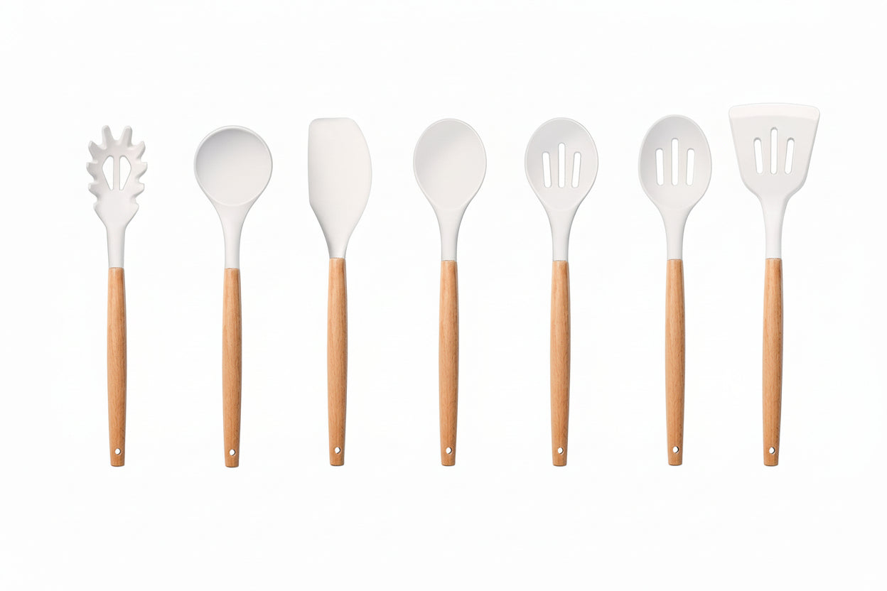 White Cooking Utensils Set of 6, Silicone Kitchen Utensils with Wooden Handle, Non-Stick Cookware Friendly & Heat Resistant, Includes Spatula/Ladle/Slotted Turner/Serving Spoon/Spaghetti Server