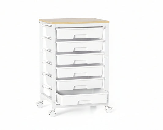 Rolling Storage Utility Cart with 6 Drawers and Wooden Tabletop for under Desk Storage,White