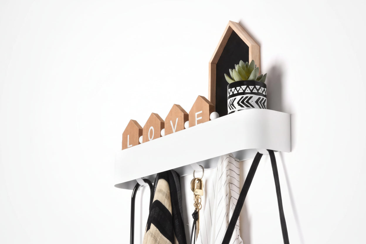 Modern Wall-Mounted Coat Rack with Shelf – Heavy-Duty Steel, 5 Sturdy Hooks, Powder-Coated Finish, Space-Saving Entryway Organizer with Mounting Hardware – Sleek & Minimalist Design (White)