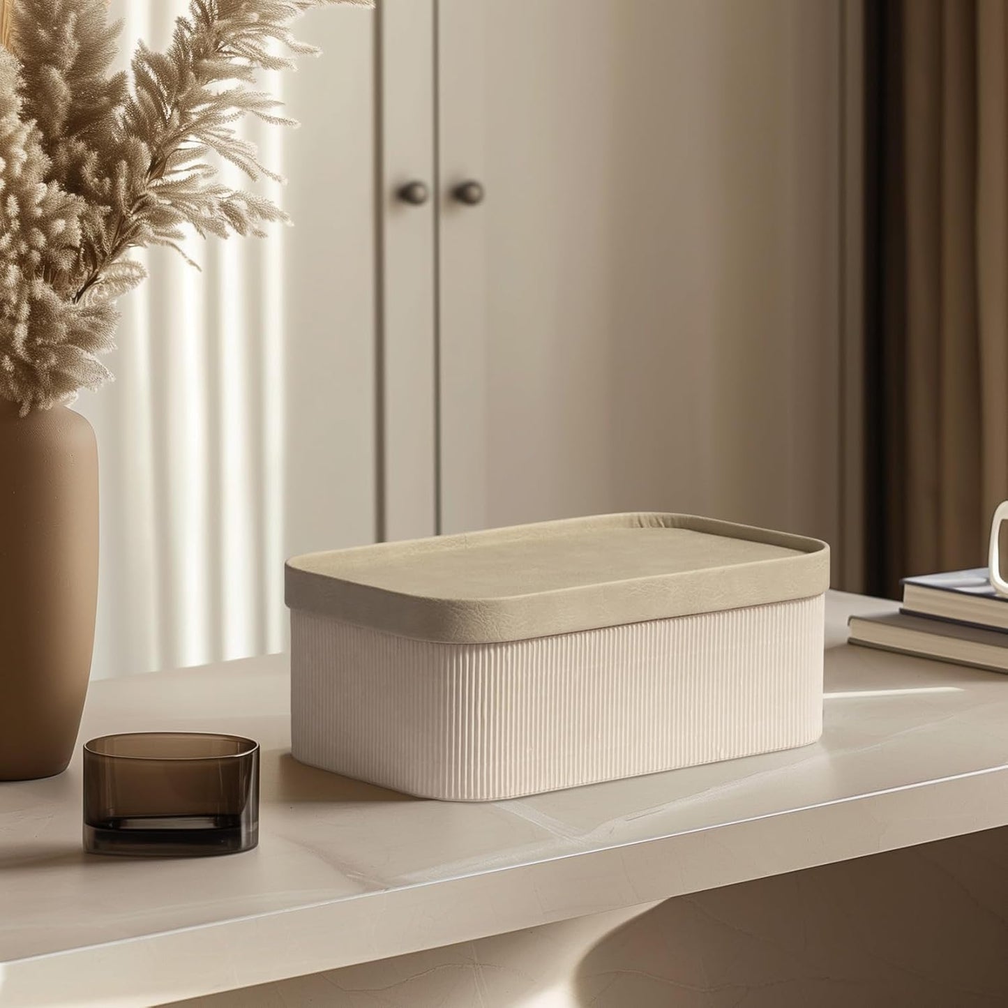 Fluted Cardboard Storage Baskets with Leather-Like Lids, Sturdy Stackable Paper Boxes Decorative Tray,Set of 3 Ivory