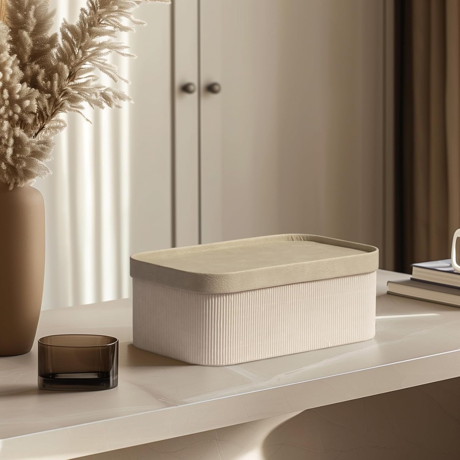 Fluted Cardboard Storage Baskets with Leather-Like Lids, Sturdy Stackable Paper Boxes Decorative Tray,Set of 3 Ivory