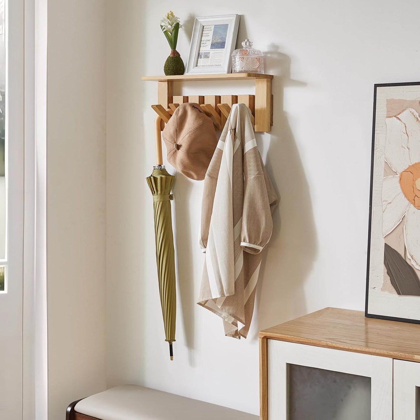 Coat Rack Wall Mount with Shelf, 2 Pack Wall Shelf with Retractable Hooks, Wooden Wall Coat Rack for Entryway, Bedroom for Hanging Clothes/Coats/Keys/Hats/Towels/Bags, Natural, HWS008N-2