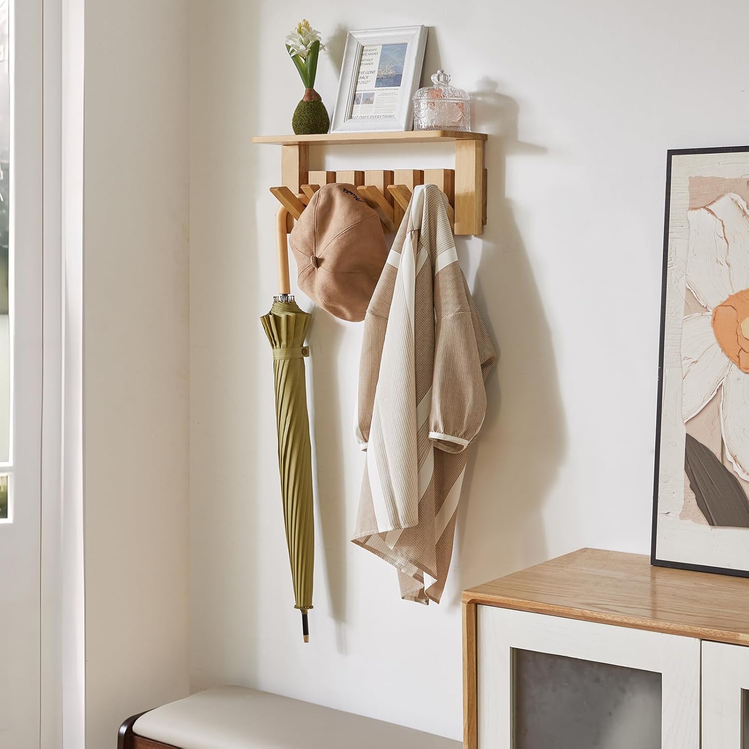 Coat Rack Wall Mount with Shelf, 2 Pack Wall Shelf with Retractable Hooks, Wooden Wall Coat Rack for Entryway, Bedroom for Hanging Clothes/Coats/Keys/Hats/Towels/Bags, Natural, HWS008N-2