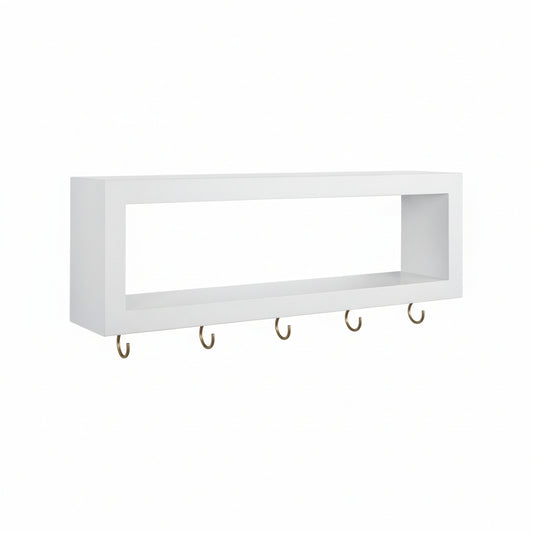 Wall Shelf with Hooks - Decorative Key and Wallet Holder for Wall Holds Sunglasses, Leashes, Scarves and Lanyards - 15.7" X 5.1" X 2.9" Entryway Organizer Made of Paulownia Wood (White)