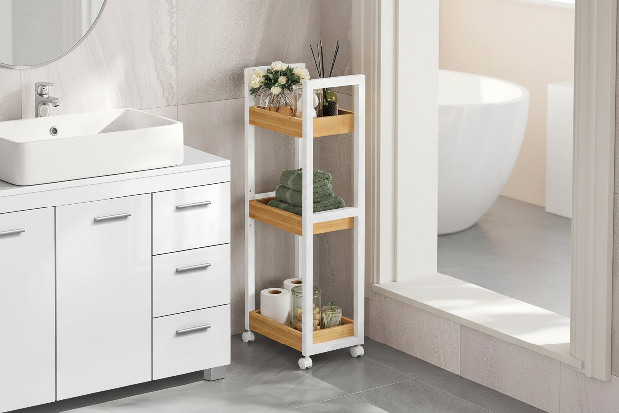 Bamboo Rolling Cart, 3-Tier Utility Cart on Wheels, Slim Narrow Storage Shelf, Bamboo Shelves, Space-Saving, Multifunctional, for Bathroom, Kitchen, White and Natural UBCB083N02