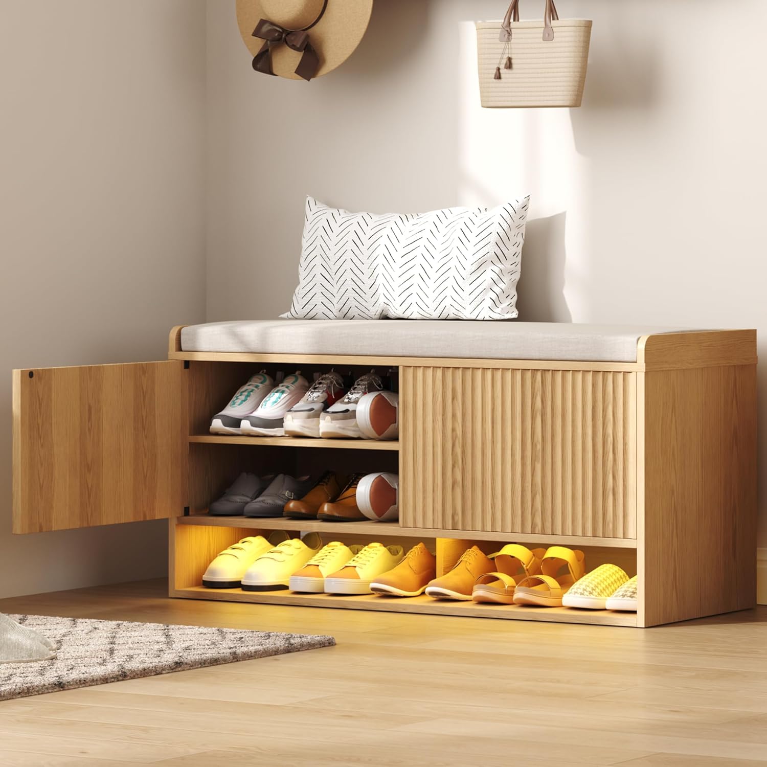 39.4" Fluted Shoe Storage Bench, Entryway Bench with Linen Seat Cushion, Shoe Cabinet Bench with Adjustable Shelf and Built-In LED Sensor Light, Bench for Bedroom End of Bed, Natural Oak