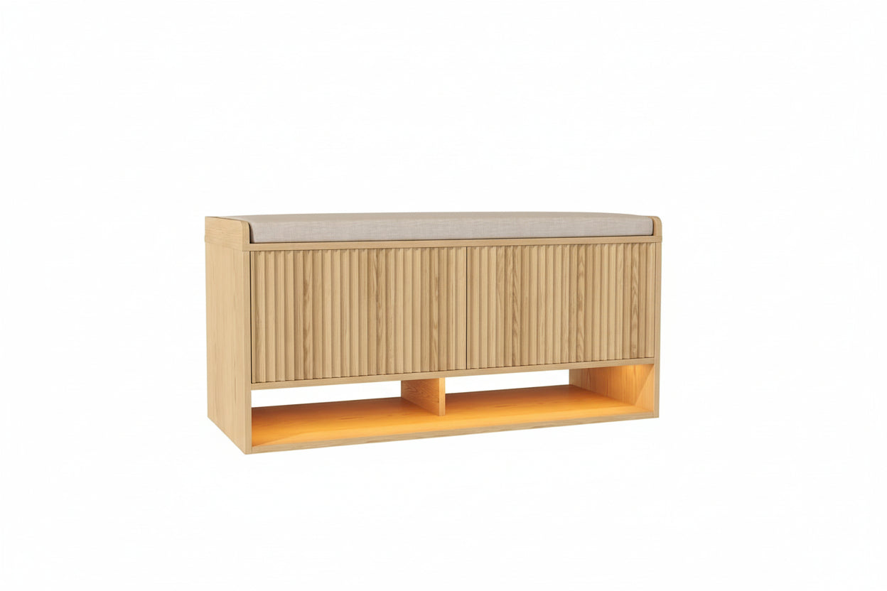 39.4" Fluted Shoe Storage Bench, Entryway Bench with Linen Seat Cushion, Shoe Cabinet Bench with Adjustable Shelf and Built-In LED Sensor Light, Bench for Bedroom End of Bed, Natural Oak