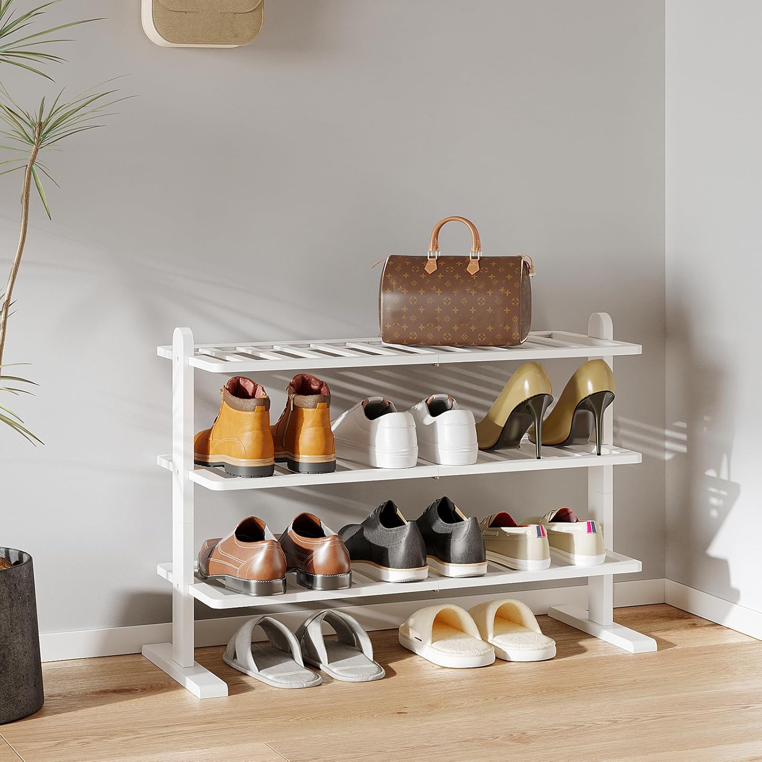 White Shoe Rack, 5-Tier Bamboo Shoe Rack Organizer for Closet and Entryway, Thick Wooden Free Standing Shoe Shelf for Small Spaces, Sturdy & Versatile for Bedroom and Garage