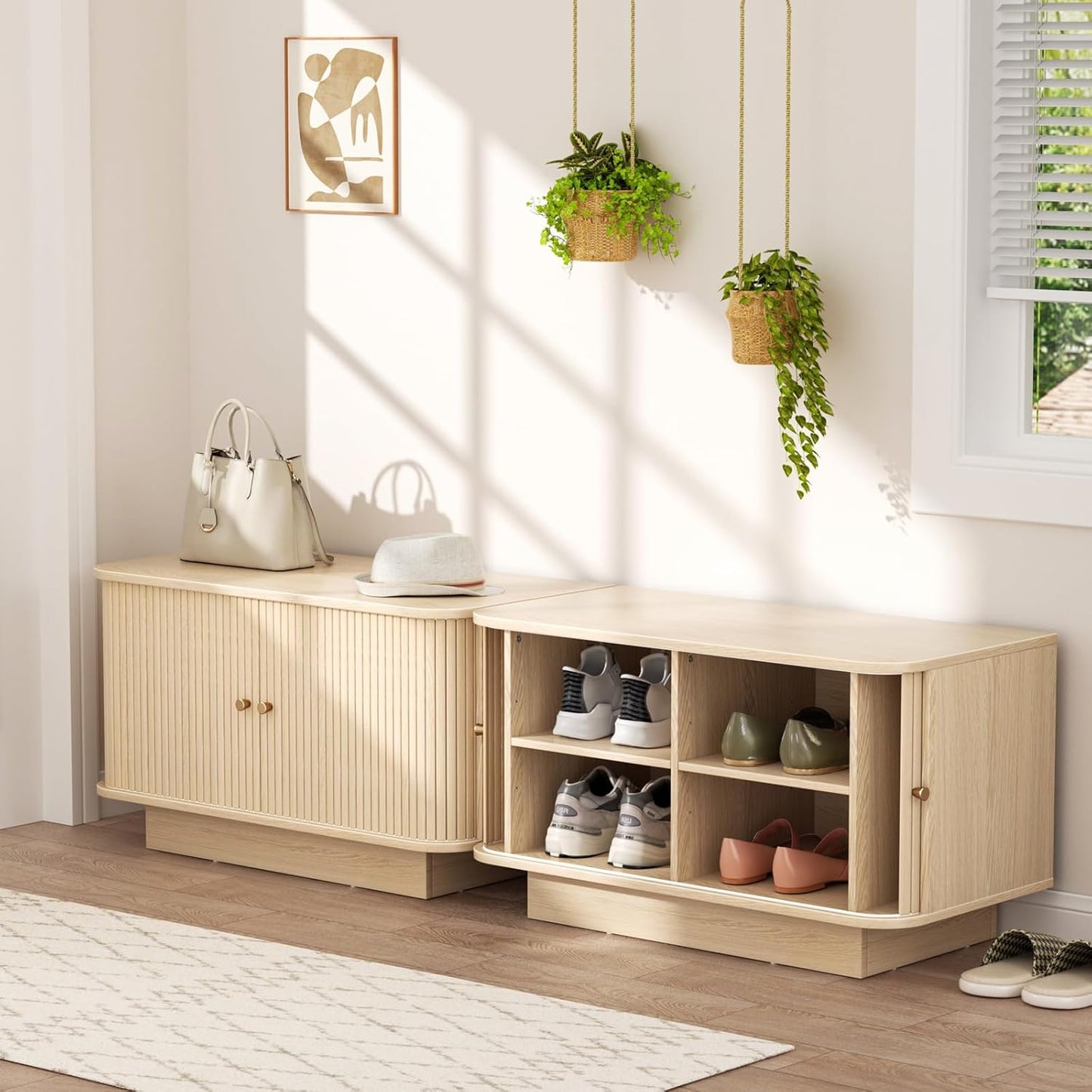 Fluted Shoe Storage Bench, 31" W Small Entryway Bench with Sliding Door, Mud Room Benches with Seat, Upholstered Wooden Rack Organization for Living Room, Apartment, Dorm, Oak, Natural