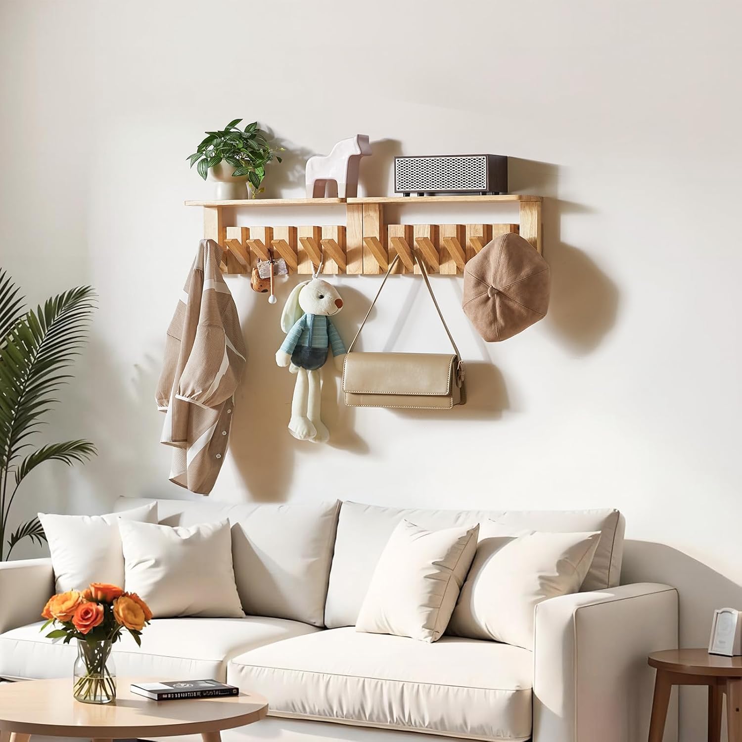 Coat Rack Wall Mount with Shelf, 2 Pack Wall Shelf with Retractable Hooks, Wooden Wall Coat Rack for Entryway, Bedroom for Hanging Clothes/Coats/Keys/Hats/Towels/Bags, Natural, HWS008N-2