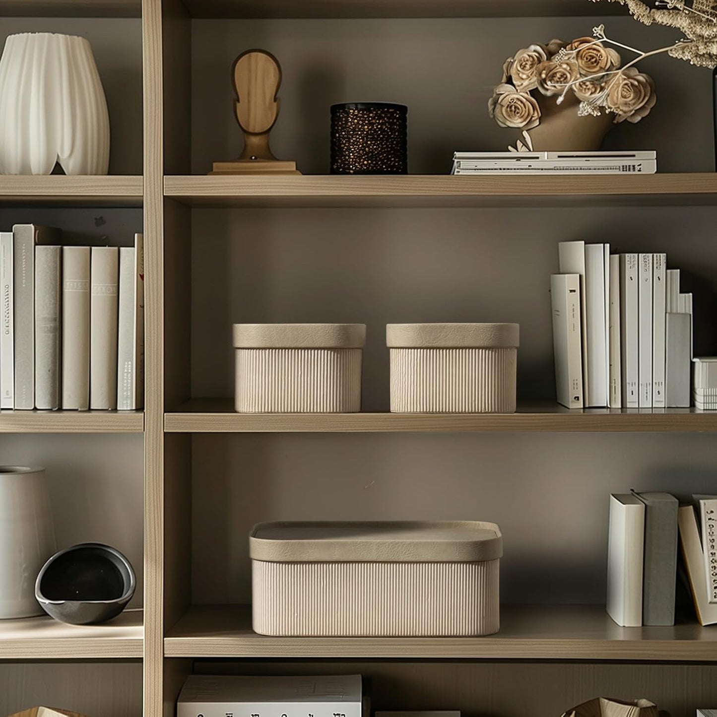 Fluted Cardboard Storage Baskets with Leather-Like Lids, Sturdy Stackable Paper Boxes Decorative Tray,Set of 3 Ivory