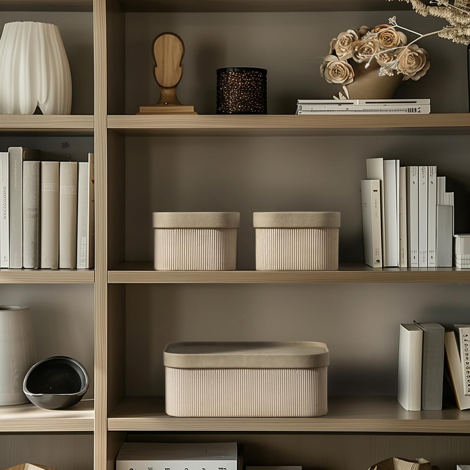 Fluted Cardboard Storage Baskets with Leather-Like Lids, Sturdy Stackable Paper Boxes Decorative Tray,Set of 3 Ivory