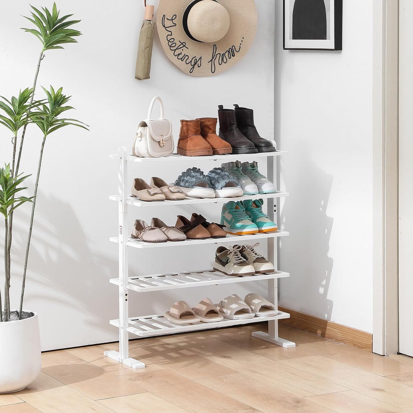 White Shoe Rack, 5-Tier Bamboo Shoe Rack Organizer for Closet and Entryway, Thick Wooden Free Standing Shoe Shelf for Small Spaces, Sturdy & Versatile for Bedroom and Garage