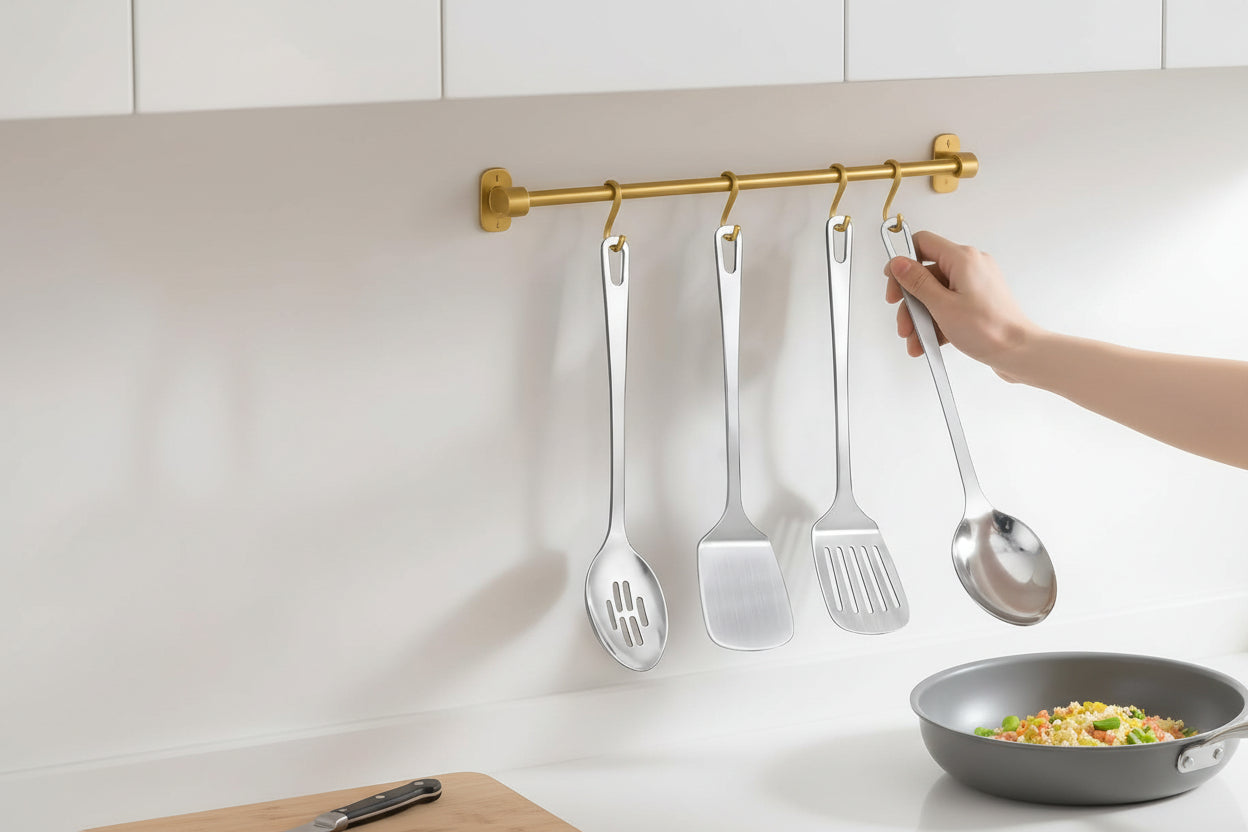 4 Pcs Cooking Utensils Set, Stainless Steel Kitchen Utensils, Heat Resistant Metal Kitchen Tools Include Solid & Slotted Turner Wok Spatula, Serving Spoon, Ergonomic Handle, Easy to Clean, Silver