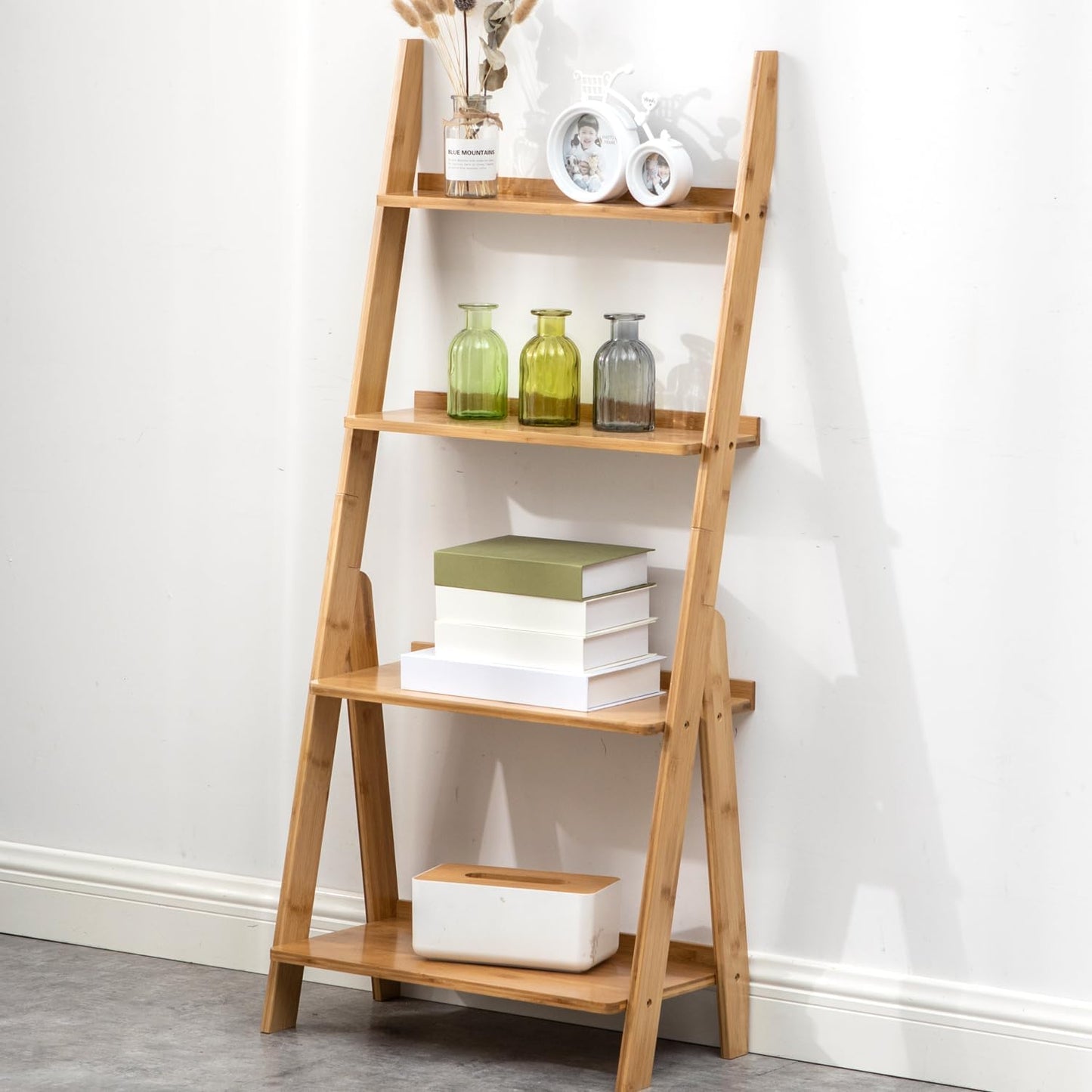 Bamboo Ladder Shelf Bookcase, 4-Tier Leaning Bookshelf Free Standing Organizer Storage Shelves for Living Room, Bedroom, Kitchen, Home Office, Balcony, Wood Color
