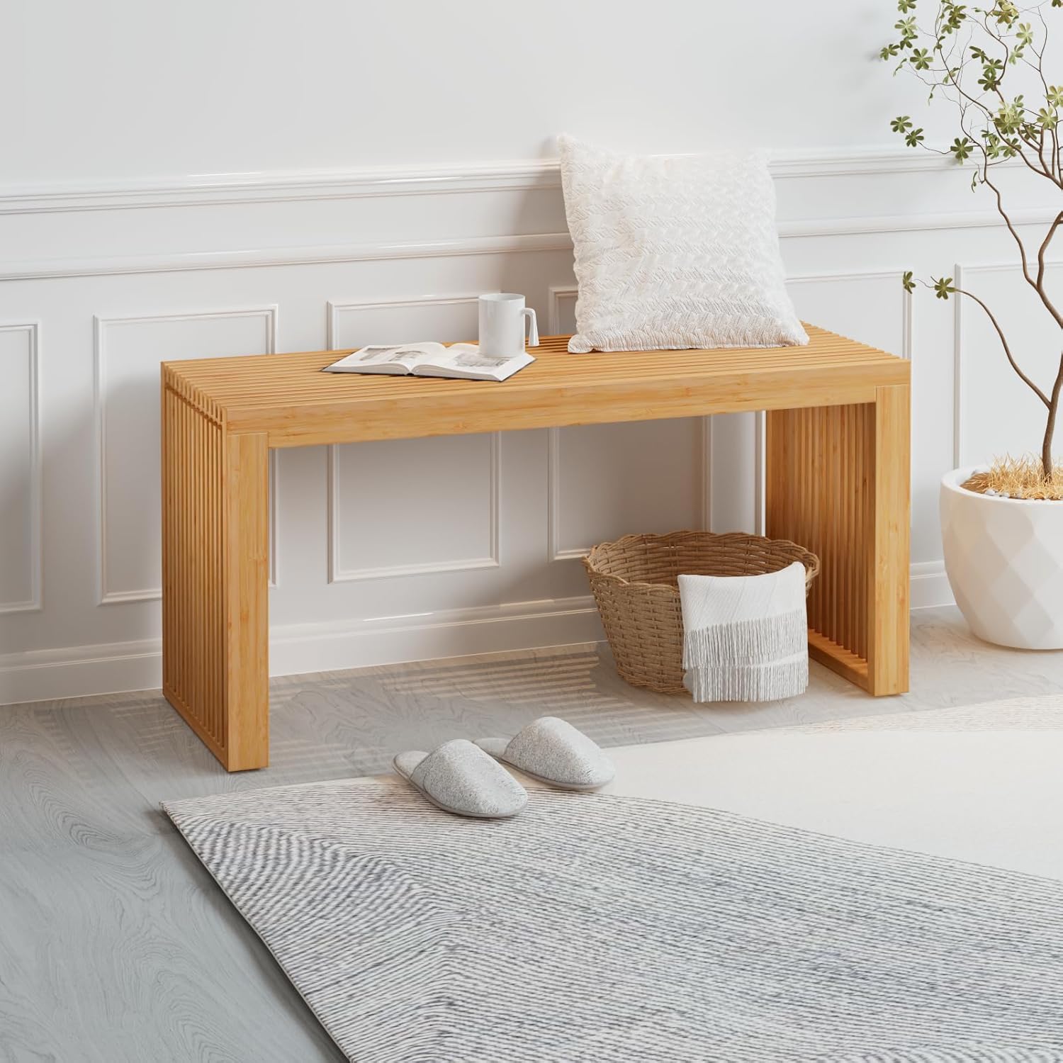 Bamboo Dining Bench Indoor Long Entryway Shoe Rack Benchs,Outdoor Modern Wood Benches 35 Inch Bamboo Bench for Living Room Hallway Bedroom Bathroom