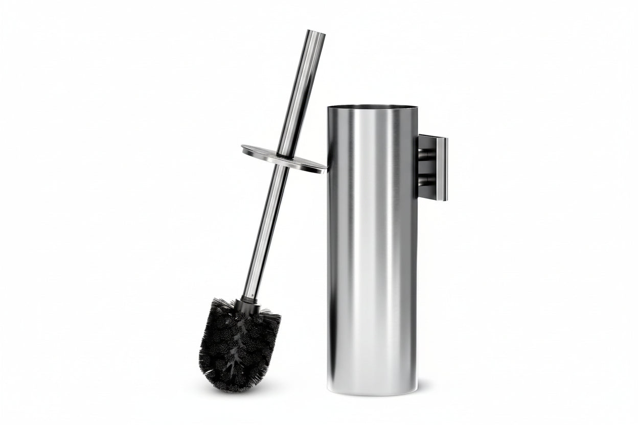 Silver Modern Toilet Brush and Holder Set with Wall Mount - Stainless Steel Toilet Brush with Holder - Removable Inner Bowl, Shiny Design, Splash Protection & Dense Bristles for Bathroom Cleaning