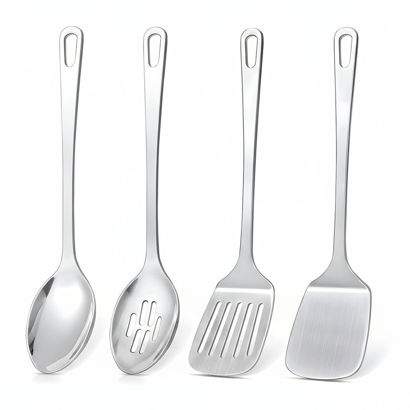 4 Pcs Cooking Utensils Set, Stainless Steel Kitchen Utensils, Heat Resistant Metal Kitchen Tools Include Solid & Slotted Turner Wok Spatula, Serving Spoon, Ergonomic Handle, Easy to Clean, Silver