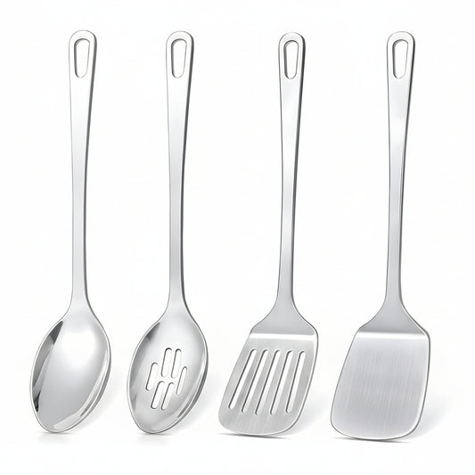 4 Pcs Cooking Utensils Set, Stainless Steel Kitchen Utensils, Heat Resistant Metal Kitchen Tools Include Solid & Slotted Turner Wok Spatula, Serving Spoon, Ergonomic Handle, Easy to Clean, Silver