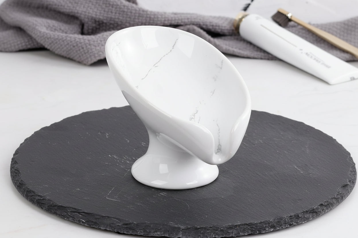 Small Soap Dish, Self Draining Bar Soap Holder for Bathroom Sink, Leaf Shaped Drainage Ceramic with Marble-Pattern Finish, Decorative Soap Dish, No Suction Cup,