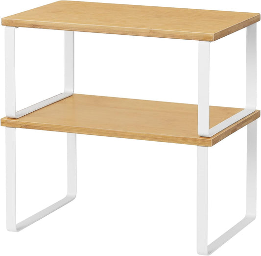 Kitchen Cabinet and Counter Shelf Organizer, Stackable & Expandable, White and Natural