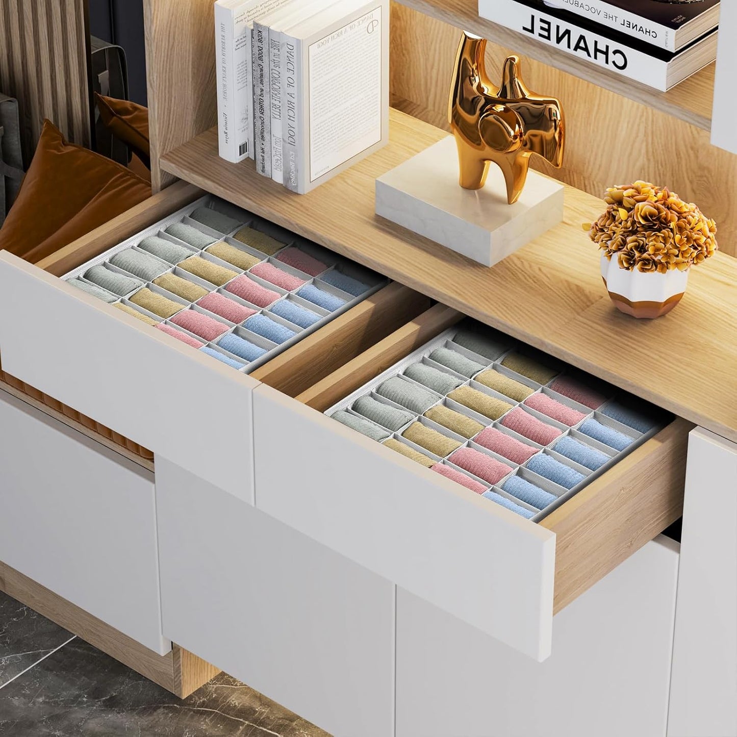 Sock Organizer Drawer Organizer - 2 Packs Underwear Organizer, 48 Cells Collapsible Closet Organizers and Storage Sock Holders Organizers for Storing Socks, Ties, Belts(White)