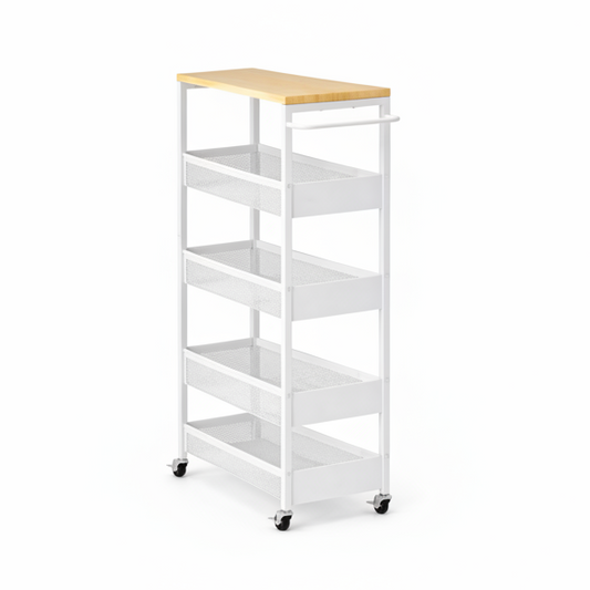 Slim Rolling Storage Cart – Metal Utility Organizer with Wood Top – White