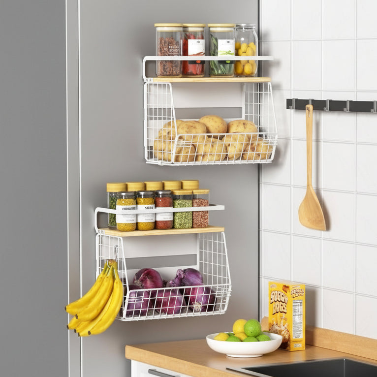 Magnetic Fridge Shelf with Wood Lid, Fruit Potato Onion Storage Bins, Pantry Organizers, Large Container Spice Rack for Refrigerator, Kitchen Counter, Cabinet (1, White)