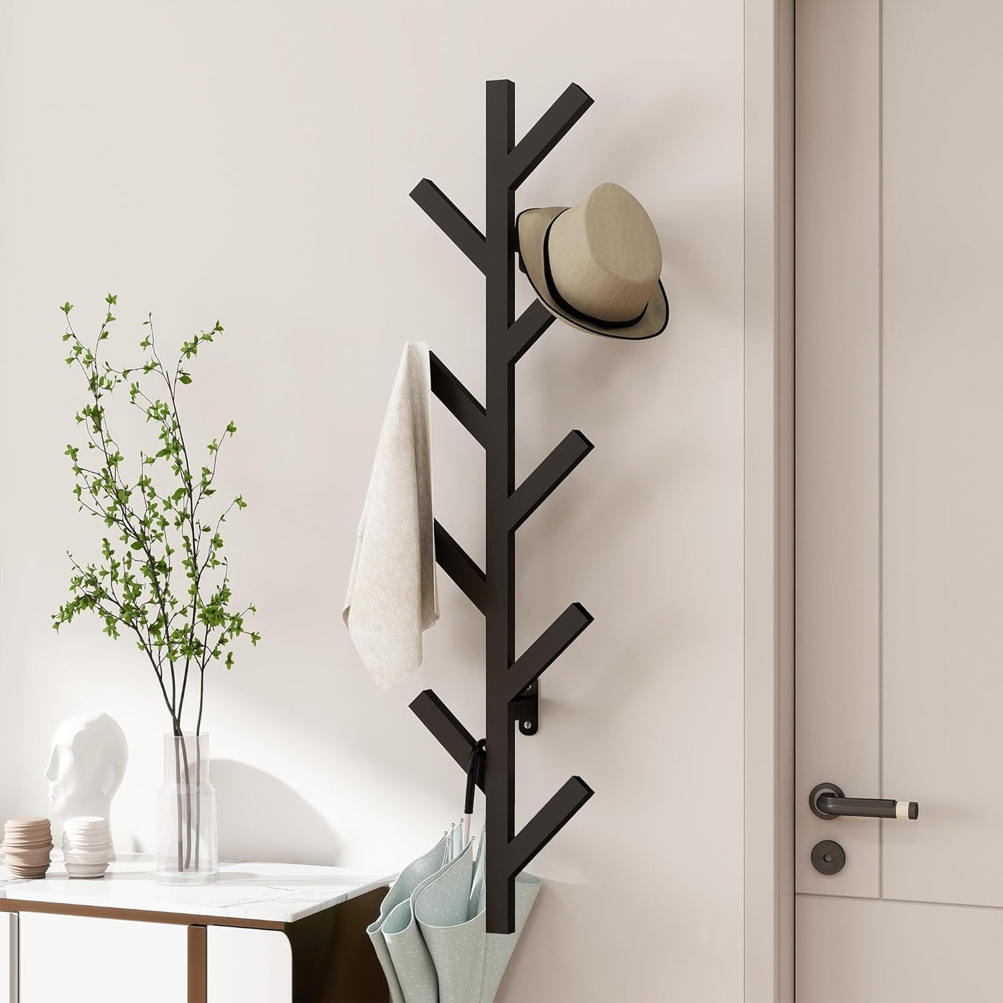 Wall Mounted Metal Coat Rack with 9 Hooks Modern Minimalist Coat Racks, Upright Hat Rack for Wall for Hanging Clothes, Hats, Hanging Bags and Scarves Entrance Wall Iron Coat Rack (White)