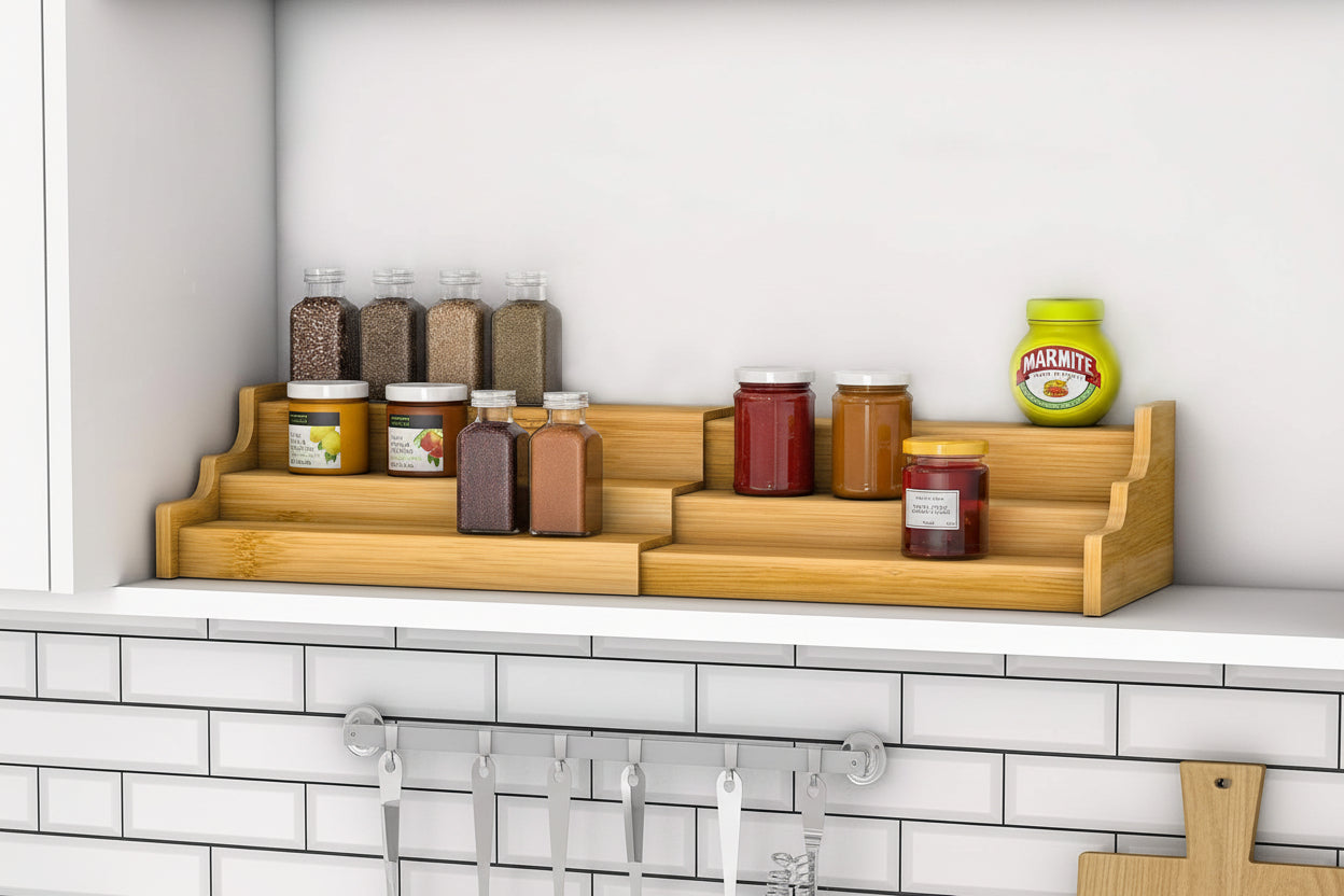 Spice Rack Kitchen Cabinet Organizer- 3 Tier Bamboo Expandable Display Shelf Yellow