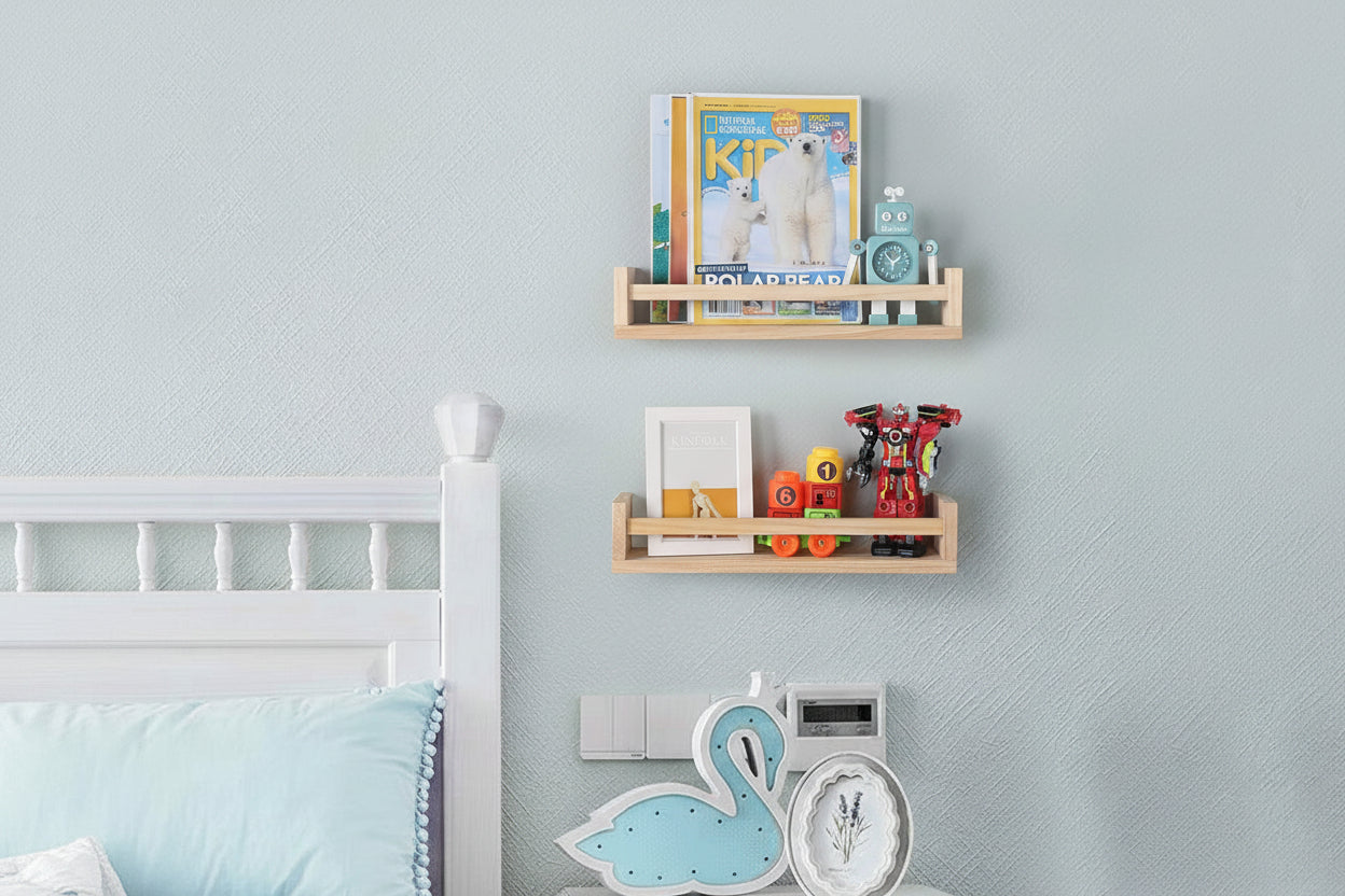 Nursery Book Shelves, Set of 2 Wood Floating Book Shelves for Kids Room, Kitchen Spice Rack, or Rustic Wall Mounted Shelves for Farmhouse Bathroom Décor (Natural Wood)