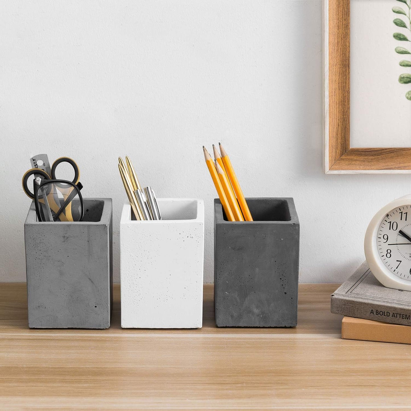 Pen Holder Pencil Holder for Desk,Pen Cup Holder for Desk,Concrete Desktop Pencil Cup,Modern Gray-Tone,Set of 3