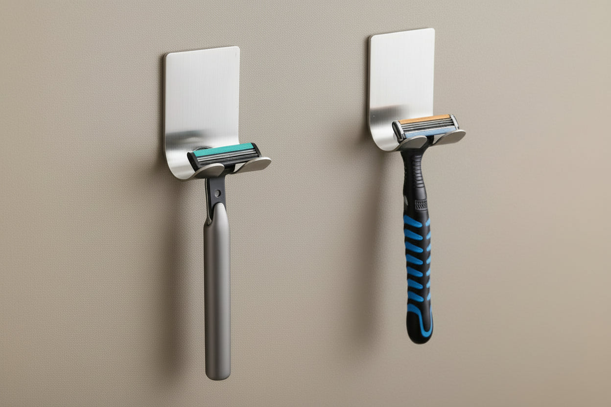 Razor Holder Shaver Hook Hanger Stand(2 Pack)Self Adhesive Stainless Steel Heavy Duty Utility Storage Hook,Shower Hook for Razor,Bathroom Kitchen Organizer for Plug Robe Towel Loofah Bathrobe Coat